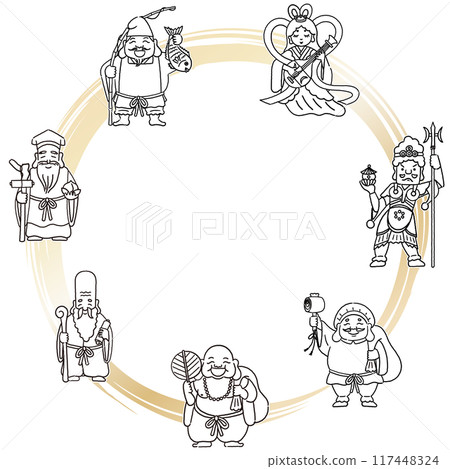 Simple and cute circular frame with illustrations of the Seven Lucky Gods Simple and cute circular frame with illustrations of the Seven Lucky Gods 117448324