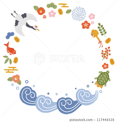 A circular frame with illustrations of lucky objects such as cranes, turtles, pine trees, bamboo, and plums 117448328