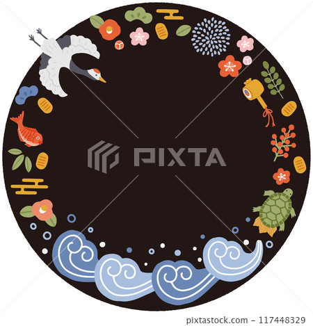 A circular frame with illustrations of auspicious items such as cranes, turtles, pine, bamboo, and plum (black background) 117448329