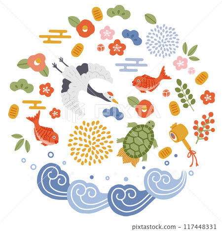 Illustration set of lucky charms such as cranes, turtles, pine, bamboo and plum 117448331