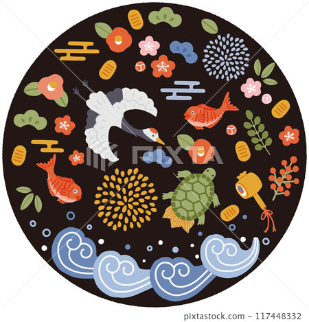 鶴、龜、松、竹、梅等吉祥物插圖集（黑色背景） 117448332