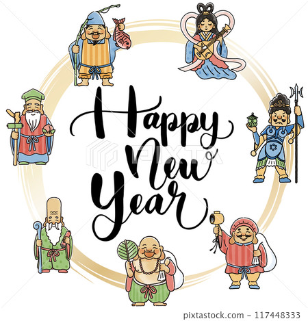 圓形框架，上面有簡單可愛的七福神的插圖和新年快樂的字樣 117448333