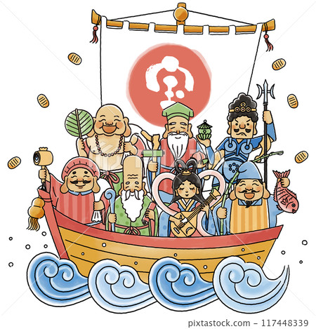 A simple and cute illustration of the Seven Lucky Gods and a treasure ship 117448339