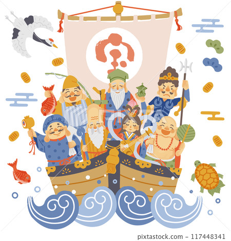 七福神與寶船簡單可愛插畫 七福神與寶船簡單可愛插畫 117448341