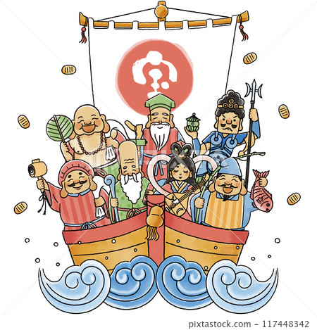 七福神與寶船簡單可愛插畫 七福神與寶船簡單可愛插畫 117448342