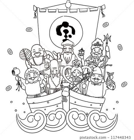 簡單可愛的七福神與寶船插畫(白描) 簡單可愛的七福神與寶船插畫(白描) 117448343