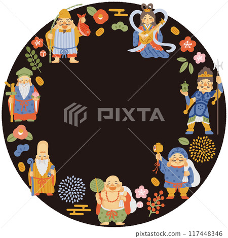 圓形框架，帶有簡單可愛的七福神插圖 117448346