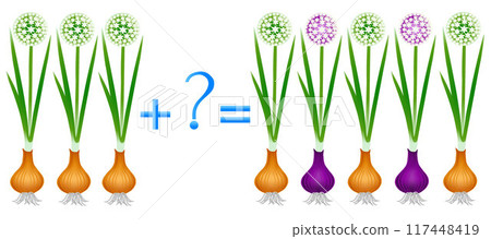 Action relationship of addition, examples with plant onion. Educational game for children. 117448419