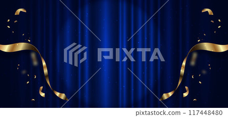 Blue curtain background. Golden confetti banner and ribbon background. Celebration grand openning party happy concept. 117448480