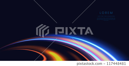 Abstract futuristic glowing neon multi color lines. Hi speed motion moving concept on dark blue background. Abstract futuristic glowing neon multi color lines. Hi speed motion moving concept on dark blue background. 117448481