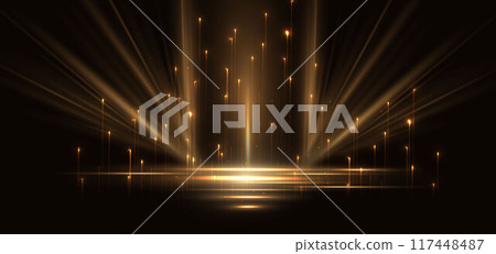 Abstract glowing gold diagonal lighting lines on dark  background with lighting effect and sparkle with copy space for text. Luxury design style. 117448487