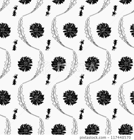 Seamless vector pattern with decorative colors in monochrome graphics, isolated floral background for fashionable modern wallpapers or textiles, book covers, digital interfaces, printed designs 117448570