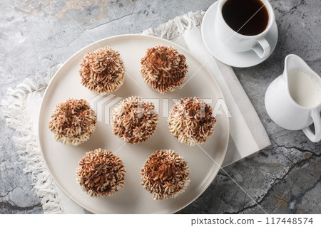 Tiramisu cupcakes with mascarpone cheese frosting and coffee closeup on the plate. Horizontal top view Tiramisu cupcakes with mascarpone cheese frosting and coffee closeup on the plate. Horizontal top view 117448574