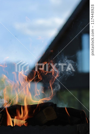 Orange flame of fire on the background of the house. Orange flame of fire on the background of the house. 117448928