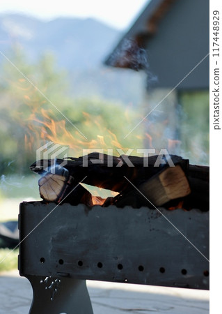 Orange flame of fire on the background of the house. 117448929