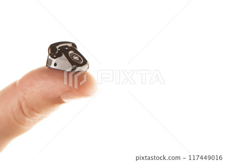 image of miniature phone hand white background 117449016