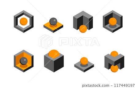 Cube logo, geometric vector design. Box logotype company, trendy tech emblem in pixel style. 117449197