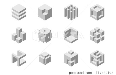 Cube logo, geometric vector design. Box logotype company, trendy tech emblem in pixel style. 117449198