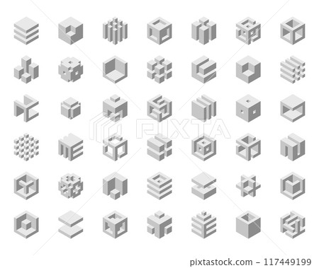 Cube logo, geometric vector design. Box logotype company, trendy tech emblem in pixel style. 117449199