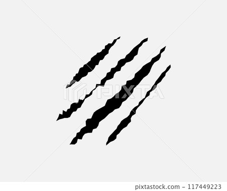 Claws scratches, animal monster mark design element, tattoo and decor for halloween. Black vector silhouette. 117449223