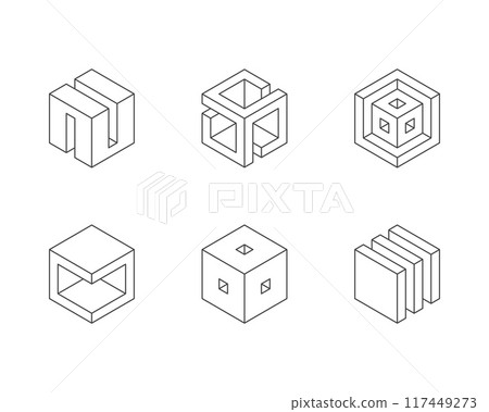Black and white Cube logo, geometric vector design. Set box logotype company, trendy techno emblem in isometric 3D style. Black and white Cube logo, geometric vector design. Set box logotype company, trendy techno emblem in isometric 3D style. 117449273