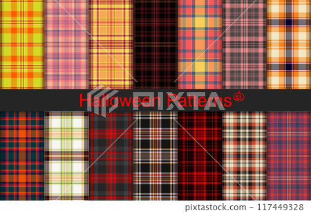 Halloween plaid bundles, textile design, checkered fabric pattern for shirt, dress, suit, wrapping paper print, invitation and gift card. Halloween plaid bundles, textile design, checkered fabric pattern for shirt, dress, suit, wrapping paper print, invitation and gift card. 117449328