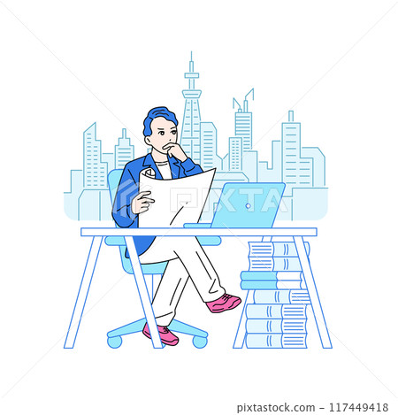 Illustration of a man sitting in a chair and thinking - Architect 117449418