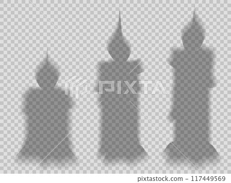 Vector set of transparent shadows of festive candles isolated from background. Clipart religion wax candles shadow overlay effect 117449569