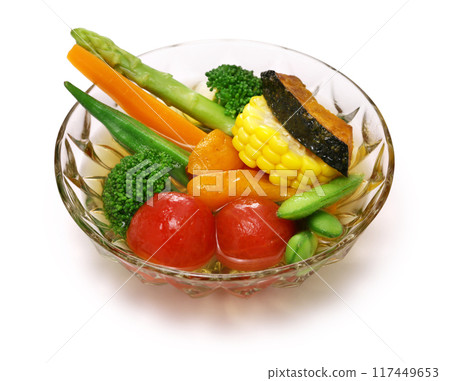 A perfect cold appetizer for summer. Vegetables are lightly boiled or fried and then soaked in broth. 117449653