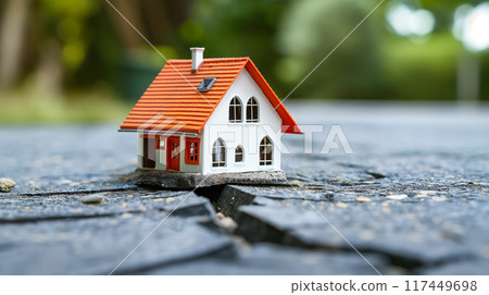 A house built on cracked ground, an image representing risk and vulnerability. 117449698