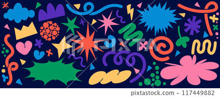 Organic doodle shapes. Abstract vector graphic stickers. Fun modern design elements. Cute clouds star flowers hand drawn geometric forms. Cartoon playful groovy scribbles. Trendy kids naive collage 117449882