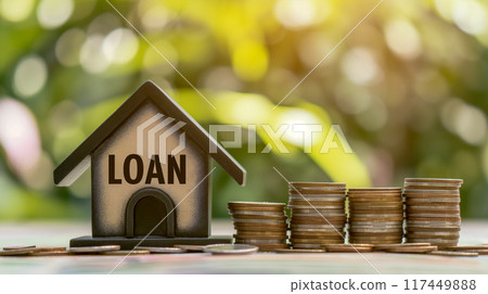 金融概念插圖與模型房子和一堆硬幣，代表抵押貸款和財務規劃。 117449888