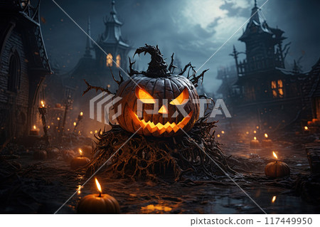 Halloween pumpkin Jack-o-lantern with haunted mansion in the background. Ai Generative illustration 117449950