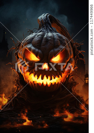 Evil, scary Halloween pumpkin Jack-o-lantern burning in flames and fire. Artwork poster design. Generative Ai illustration 117449966