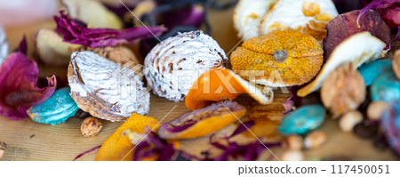 Nature crafting materials on wooden table banner 117450051