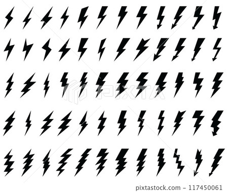 Black icons of thunder lighting on a white background 117450061