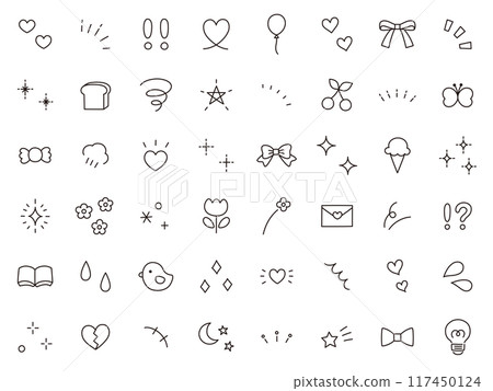 A vector illustration set of hand-drawn decorative illustrations. Hand-drawn, focused lines, attention, stars, hearts, glitter 117450124