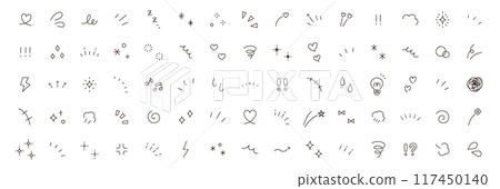 A vector illustration set of hand-drawn decorative illustrations. Hand-drawn, focused lines, attention, stars, hearts, glitter 117450140