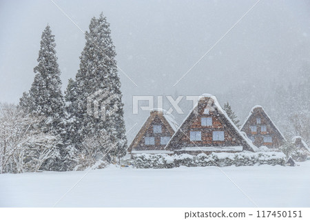 Snow-covered World Heritage Site in winter: Shirakawa-mura (Shirakawa-go), Gifu Prefecture 117450151