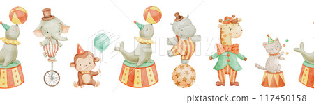 Seamless border with watercolor cute circus animals. Childish hand drawn background with funny hippo, elephant and monkey. 117450158