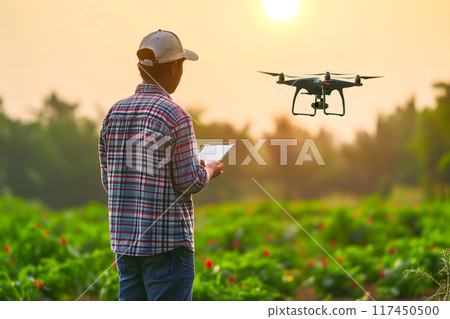 Farmer in the field using drone 117450500