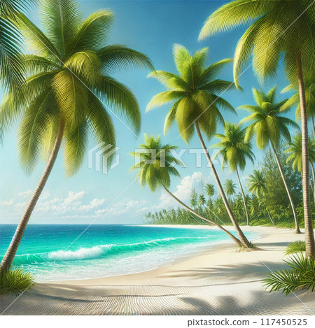 A paradise beach lined with swaying palm trees and crystal clear emerald green waters A paradise beach lined with swaying palm trees and crystal clear emerald green waters 117450525