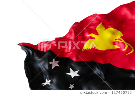 Realistic flag of Papua New Guinea, isolated on white background. Footer, corner design element. Cut out. Perfect for patriotic themes or national event promotions. Empty, copy space. 3D render. 117450733
