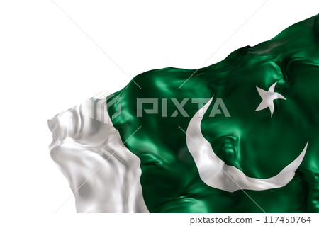 Realistic flag of Pakistan with folds, isolated on white background. Footer, corner design element. Cut out. Perfect for patriotic themes or national event promotions. Empty, copy space. 3D render. 117450764