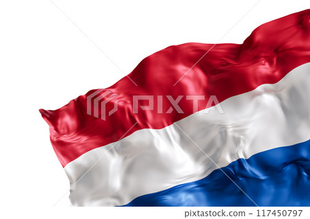 Realistic flag of Netherlands with folds, isolated on white background. Footer, corner design element. Cut out. Perfect for patriotic themes or national event promotions. Empty, copy space. 3D render. 117450797