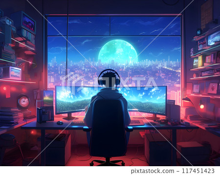 Video Gamer Streamer in his Gaming Streaming Room Anime Style AI Artwork 117451423
