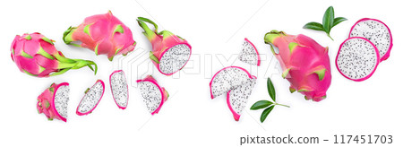 Dragon fruit, Pitaya or Pitahaya isolated on white background. Top view. Flat lay Dragon fruit, Pitaya or Pitahaya isolated on white background. Top view. Flat lay 117451703