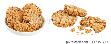 Granola cookie in ceramic bowl isolated on white background with full depth of field Granola cookie in ceramic bowl isolated on white background with full depth of field 117451714
