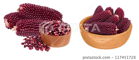 Purple corn seeds in wooden bowl isolated on white background with full depth of field 117451728