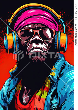 Gorilla rapper with headphones. Pop art style poster, t shirt design. Generative Ai 117451785